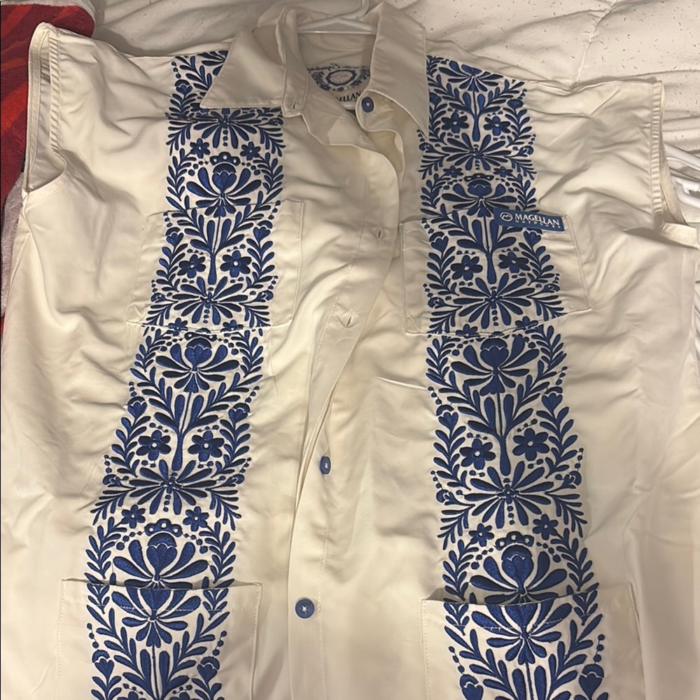 Magellan Outdoors White and Blue Mini Dress with Intricate Embroidery